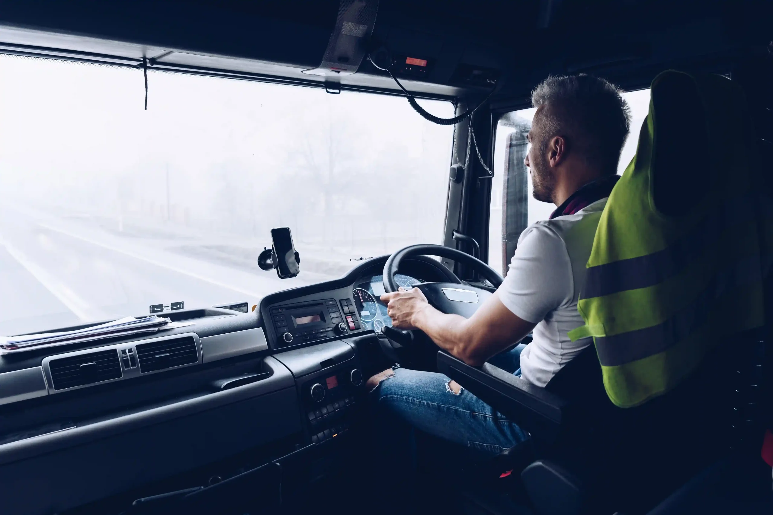 Driver in lorry on road